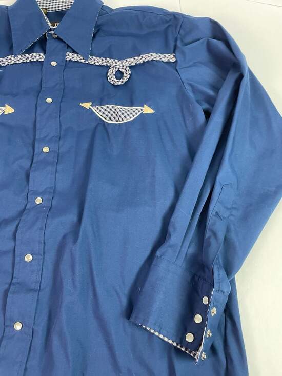 Vintage Fenton Permanent Press Blue Western Pearl Snap Shirt Mens Sz Large - Picture 8 of 12